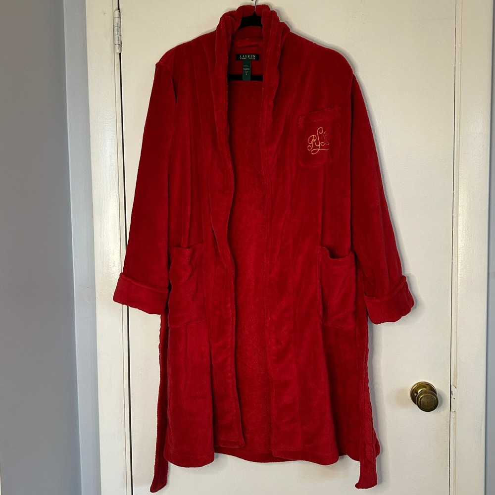 Lauren Ralph Lauren Women Red Plush Robe Gold Monogrammed Size Small‎
